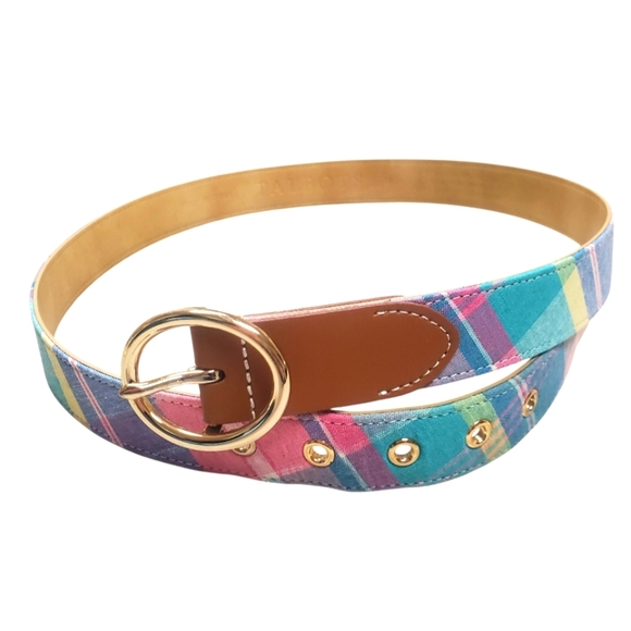 Talbots Pastel Madras Plaid and Leather Belt - Picture 1 of 10